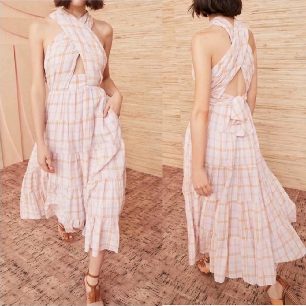 NWOT Ulla Johnson 2022 Noelle Plaid Cross Front Cotton Midi Dress 4